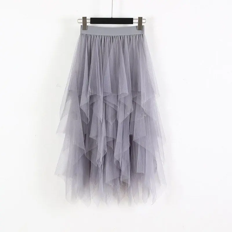 Women Elastic High Waist Irregular Mesh Stitching Wild Long Paragraph Skirt Solid Color