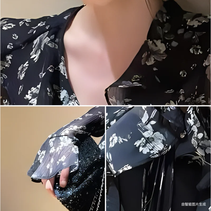 جديد ريترو الدانتيل الخامس الرقبة الفطريات الحواف قميص الأزهار المألوف تنوعا عارضة طويلة الأكمام أعلى