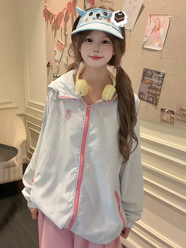 

Lightweight American High Street Polka Dot Sun Protection Clothing Summer New Loose Color Block Dopaamine Jacket Korean Style...