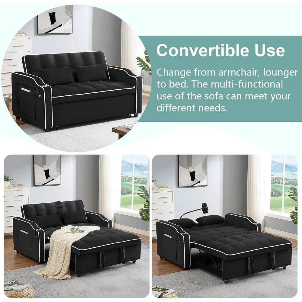 Modern Velvet Sleeper Sofa with Pull Out Bed and Adjustable Backrest, Loveseat with Cup Holders for Comfortable Living
