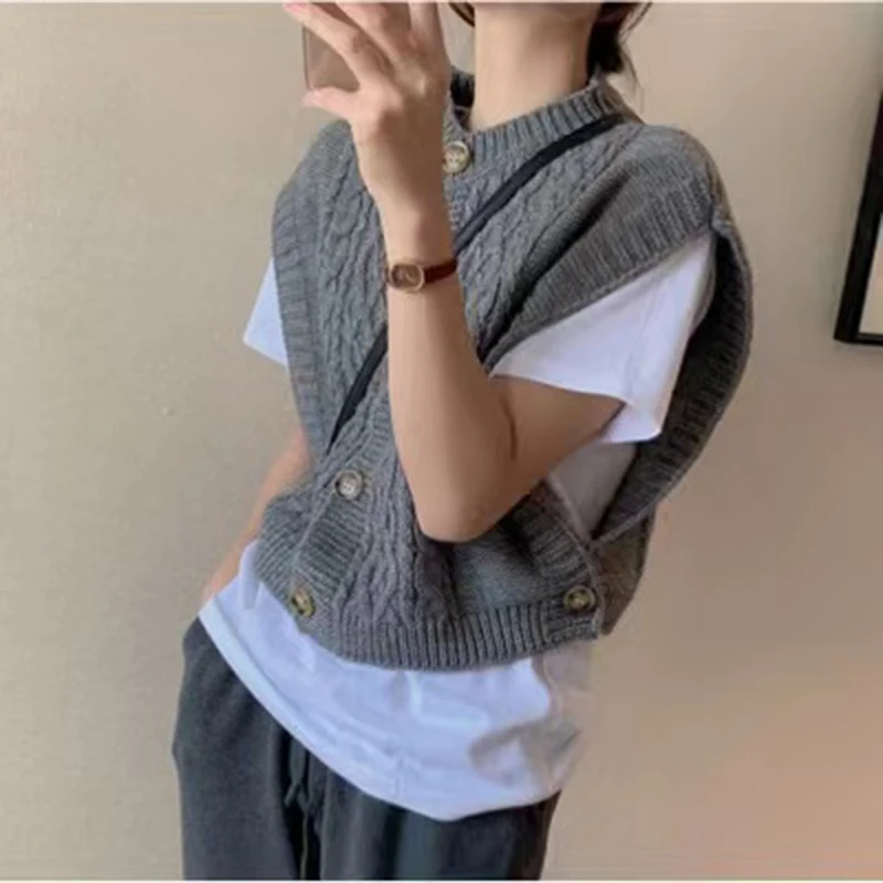 Fashion Korean Knitted Cardigan Sweater Vest Women Retro Solid Color Casual O Neck Buttons Short Tank Top Sleeveless Office Lady