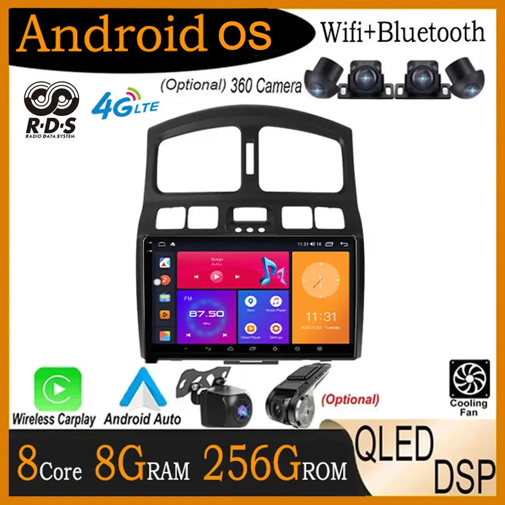 Android 14 Leitor de rádio de vídeo do carro, navegação GPS, leitor multimídia para Hyundai Santa Fe SM 2000-2012, JAC S1 Rein 1 2007-2013