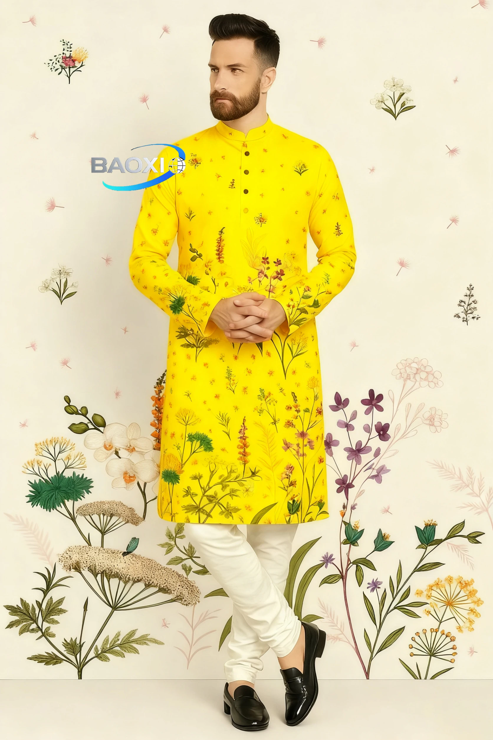 2025 men's printed kurta vardha fashionable and comfortable long robe with a fitted collar suitable for all occasions,