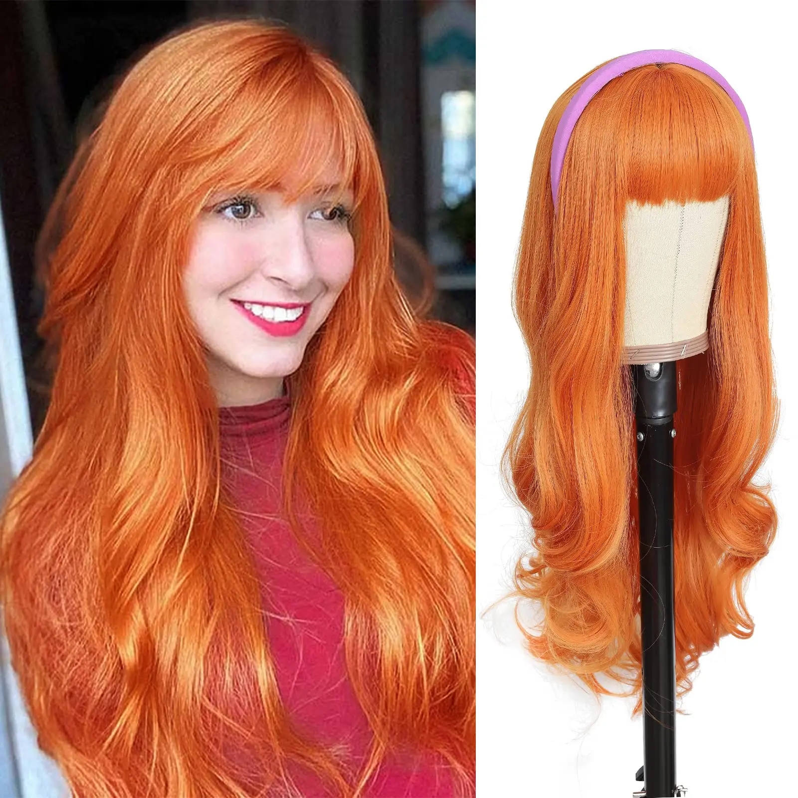 

Orange 26-inch synthetic curly long wig for Halloween cosplay, daily and festival use, high-temperature silk wig cap.