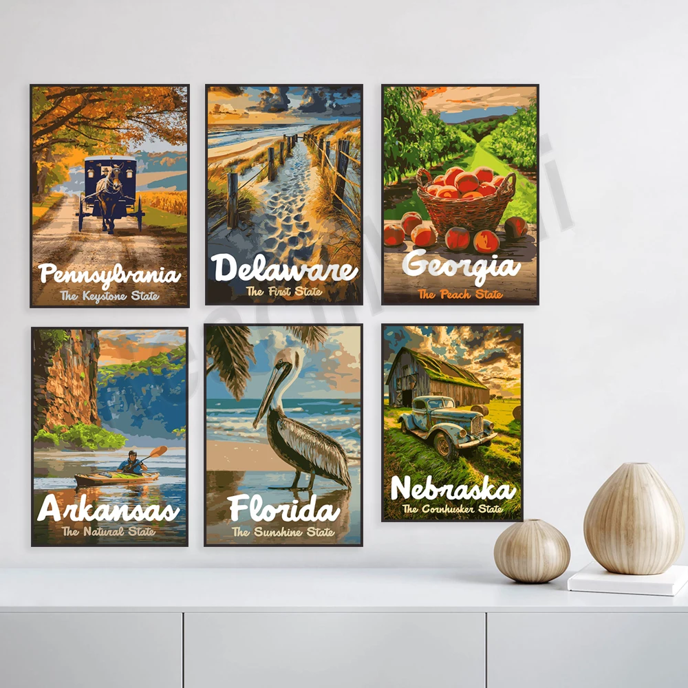 Arkansas, Oregon, Florida, State of 10,000 Lakes, South Carolina, Nebraska, Montana, Wyoming, Delaware, Illinois travel posters