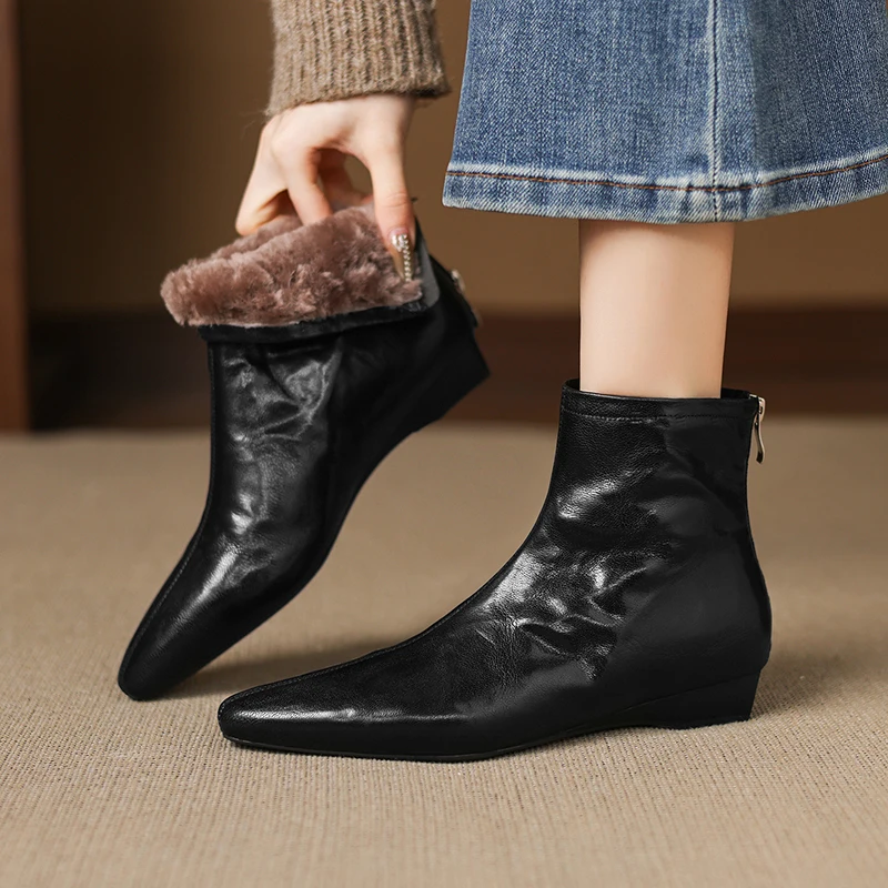 2026 new autumn winter women ankle boots natural leather plus size 22-25cm sheepskin+wool low heel back zip short boots