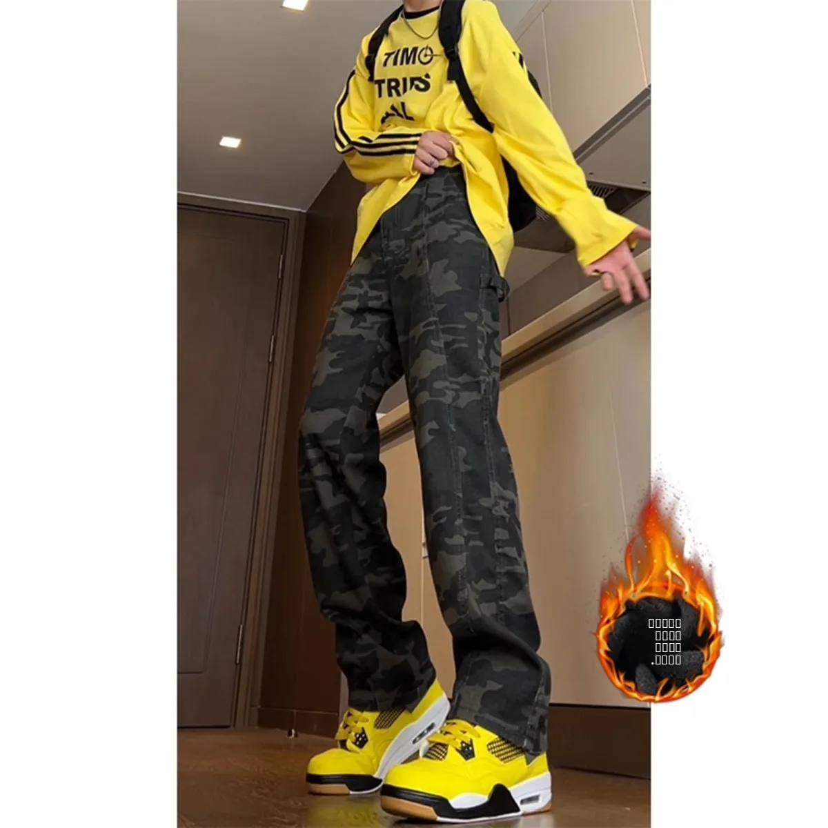 

Мужские джинсы в стиле ретро American Vibe, камуфляжные, с флисовой подкладкой, облегающие, прямого кроя, рабочая одежда, из смесового хлопка и денима