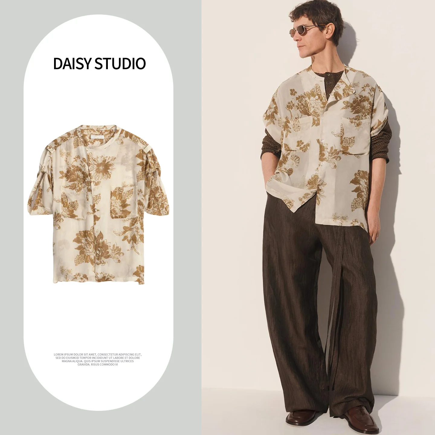 

New Summer Men's Casual Loose Fit round Neck Short Sleeve Floral Print Shirt Drapey Polyester Fabric Comfortable Breathable