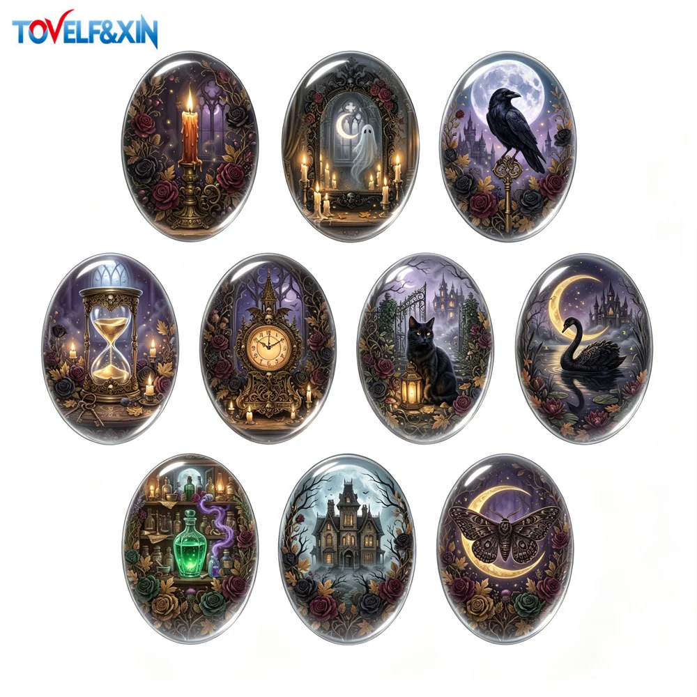 10pcs Halloween Oval Glass Cabochon 18x25mm Dark Victorian Gothic Raven Moth Rose Witch Vintage DIY Jewelry Craft Supplies