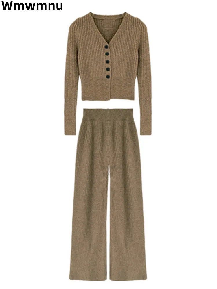 

Korea Elegant Women Knitted 2 Piece Sets Fashion Lapel Cadigan Sweater Coats Tops Outfit Lace-up High Wasit Wide Leg Pants Suit