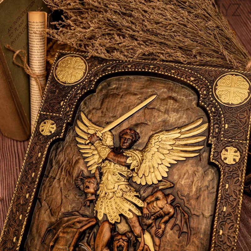 Vintage Archangel Michael Defeated Satan Plaque Living Room Bedroom Home Decor Mural Saint Michael Statues
