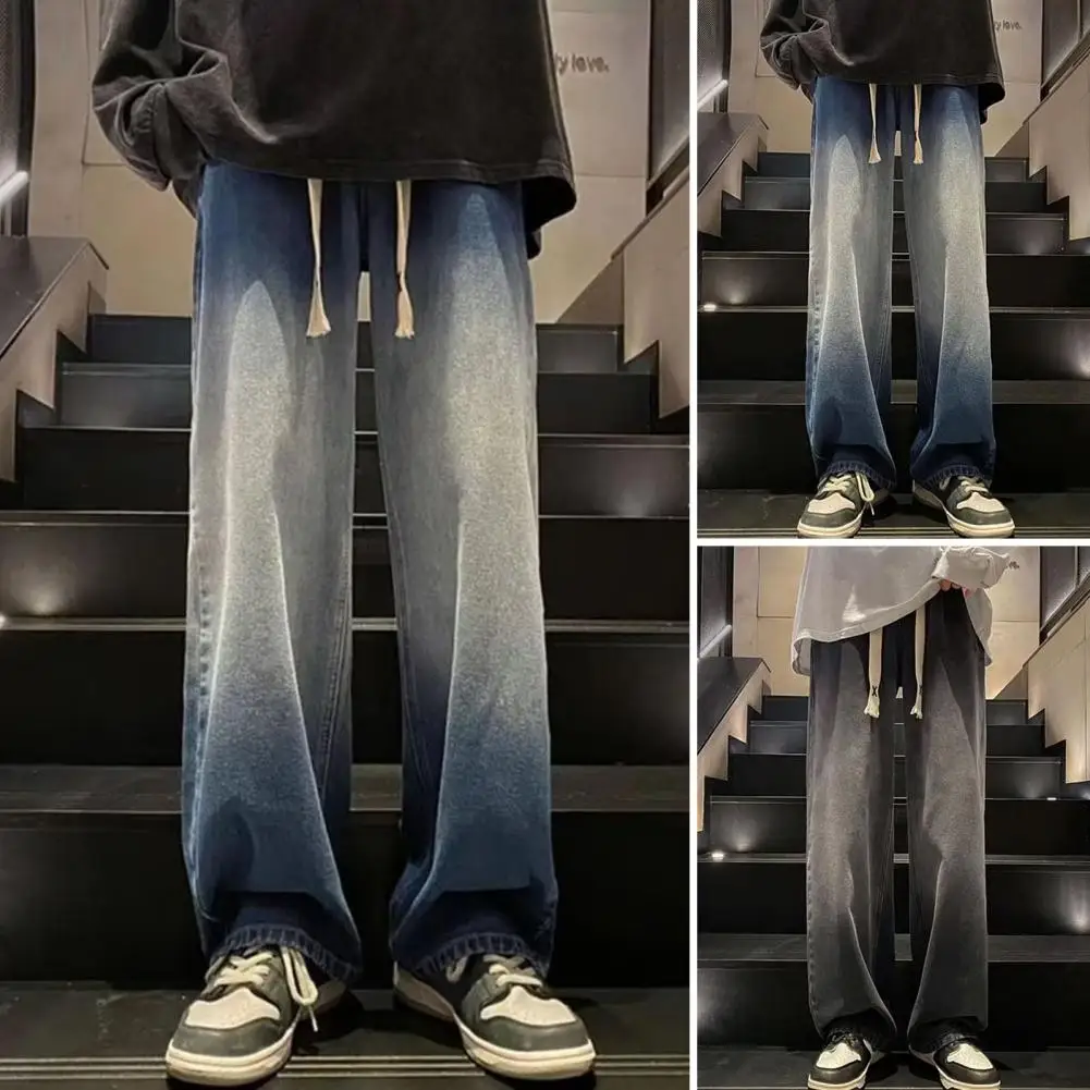 Drawstring Waist Jeans Retro-inspired Men's Full Length Pants Wide Leg Deep Crotch Elastic Waist for Hip Hop Streetwear Men Long