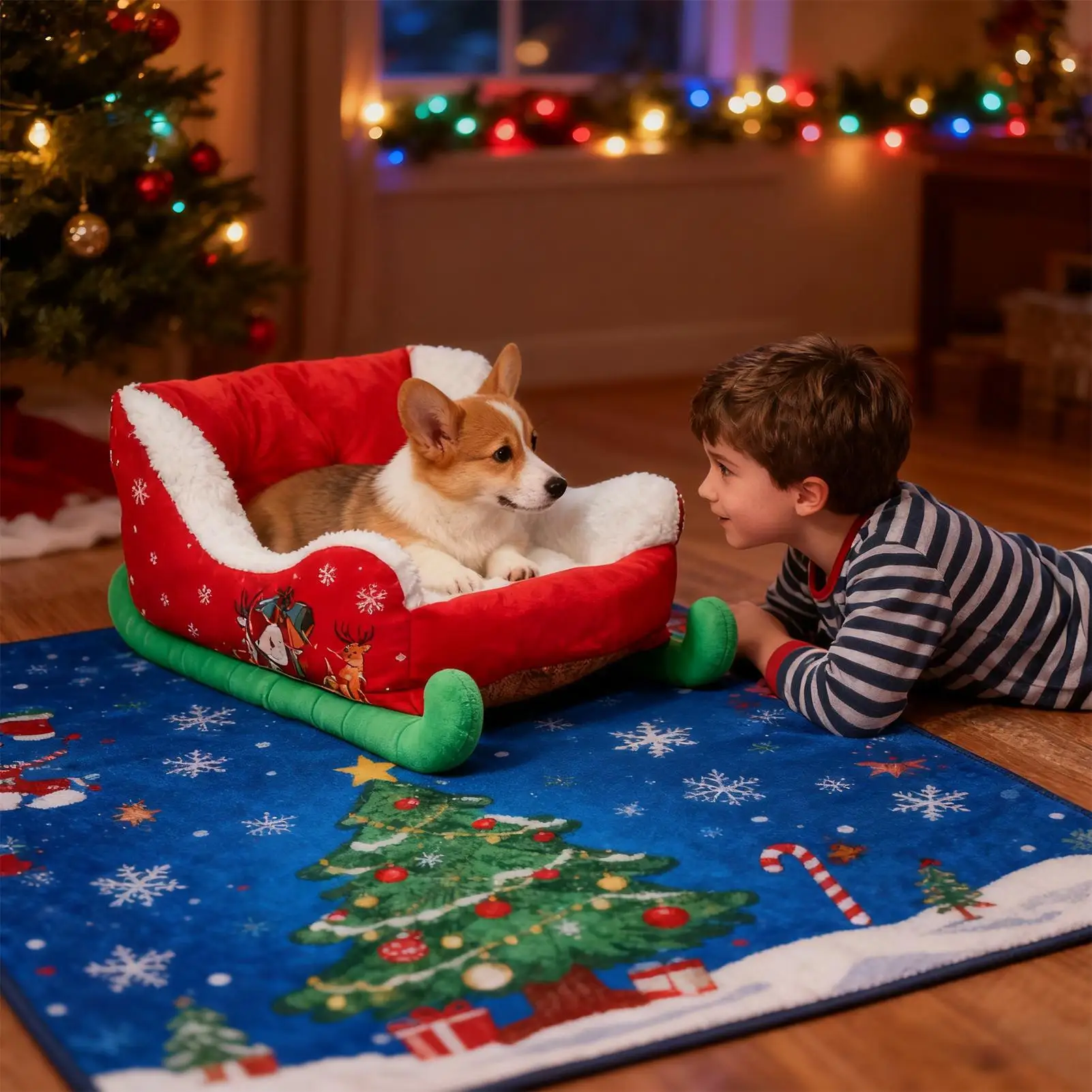 Christmas Sleigh Pet Bed Winter Puppy Kitten Warming Holiday Plush Pet Bed Artificial Furs Red Christmas Cat Dog Bed