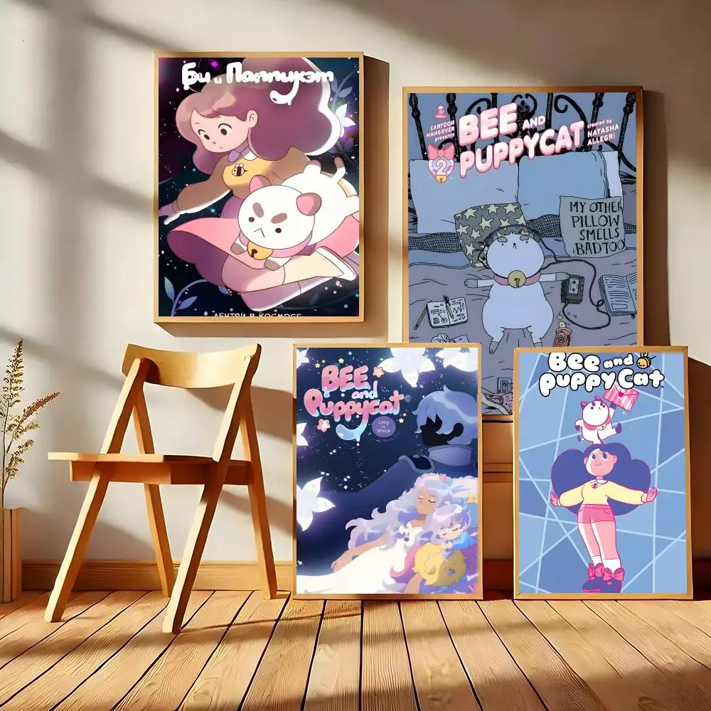 Cartoon Bee And P-Puppycat Poster Matte Self-Adhesive Wall Art Print Living Room Bedroom Home Decor