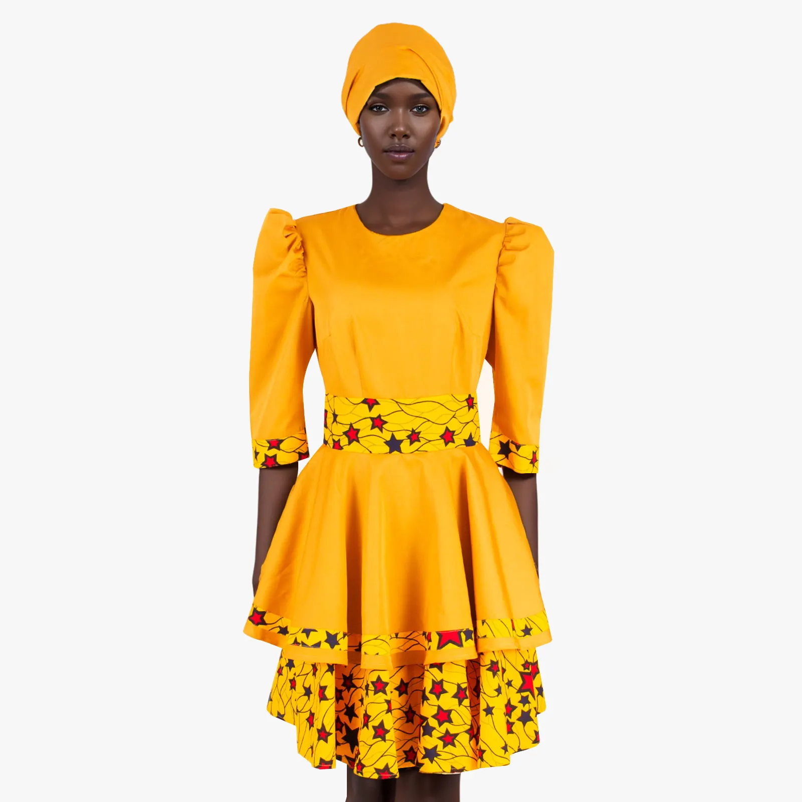 Africa Style Stylish High Waist A-line Dress with Double Layer Dress and Free Headscarf for Women Wedding Party Dresses 2425093