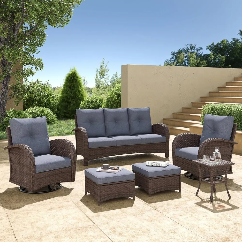 طقم أثاث فناء من الخيزران مكون من 6 قطع، مجموعة محادثة خارجية فاخرة مع كراسي هزازة دوارة عالية الظهر