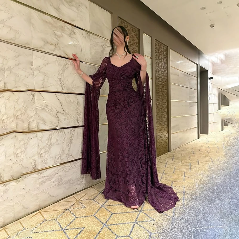 Vestido de noite roxo para mulheres, sereia, pescoço quadrado, mangas compridas, renda, vestidos de noite drapeados, trem de varredura, vestidos de festa personalizados