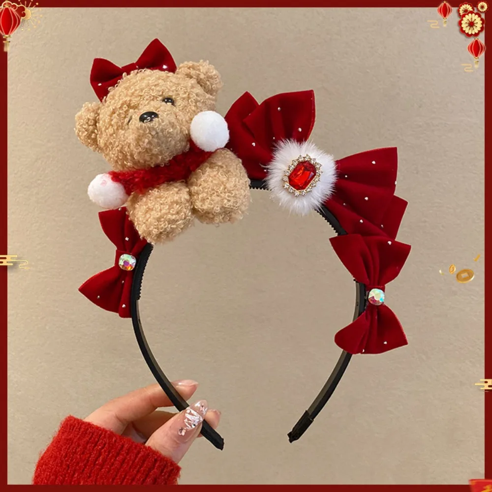 

Sweet Cartoon New Year Headband Red Little Bear Red Velvet Bow Hairband Headwear Good Luck Plush Hair Hoop Children