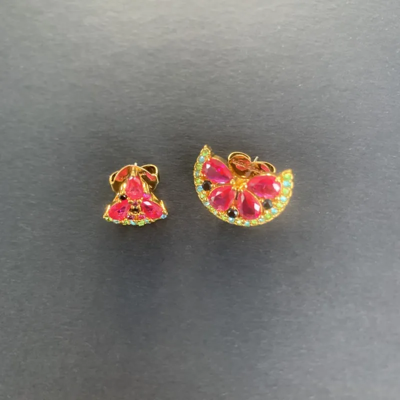 VKVVA Gold plated Pink Cubic Zirconia Full Paved Crystal Watermelon Shape Tone Asymmetric Fruit Stud Earrings for Women