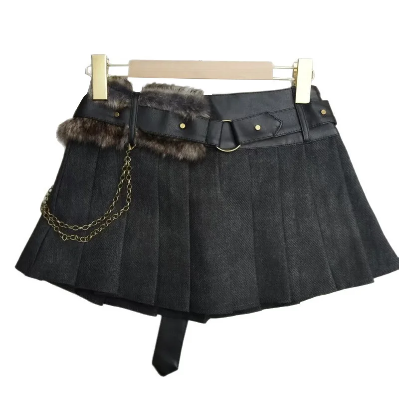 

Осень-зима 2025 г., нишевый дизайн, индивидуальная мода, американский кожаный и меховой лоскутный пояс с низкой талией, плиссированная короткая юбка
