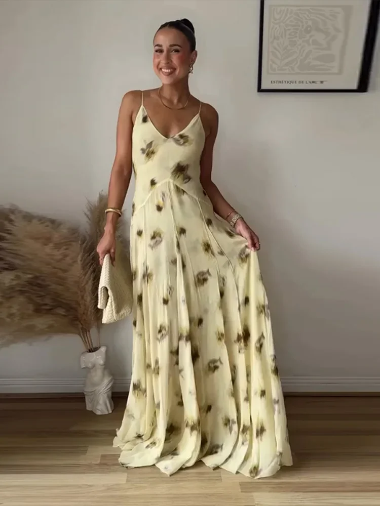 Żółty nadruk V Neck Sling Maxi Dresses Women Elegant Sleeveless Backless High Waist Pleated Long Dress 2025 Summer New Lady Robe