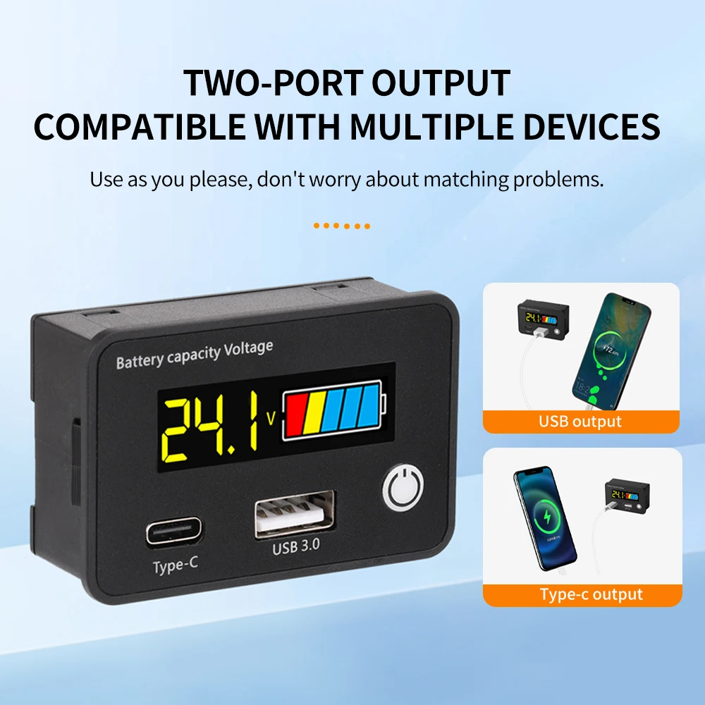 DC8-30V Battery Capacity Indicator Lead-Acid/Lron-Lithium/Ternary Lithium Measurement With USB3.0 and Tpye-C for Car Motorcycle