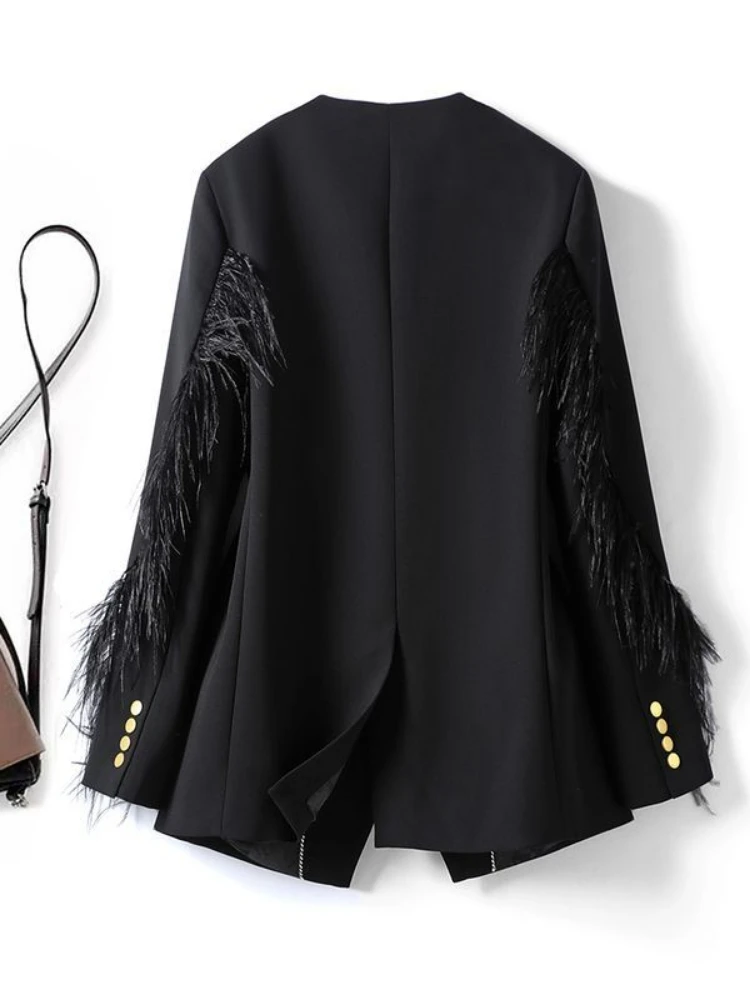 Vintage Black Plume Patchwork Jackets 2025 Women's Clothing Temperament Outwear Fashion V Neck New Tops Korean Coats Ropa Mujer