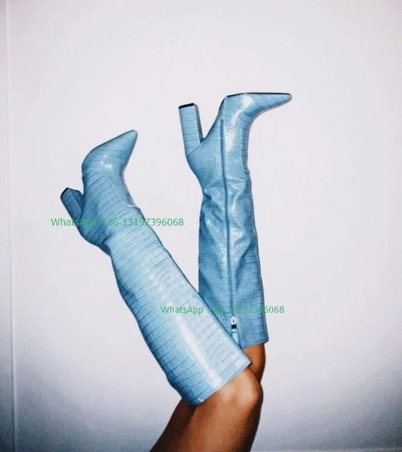 Lady Blue PU Chunky Heel Boots Sexy Pointed Toe Knee Boots Winter Fall Dress High Heels Boots Daily Causal Boots Footwear Size