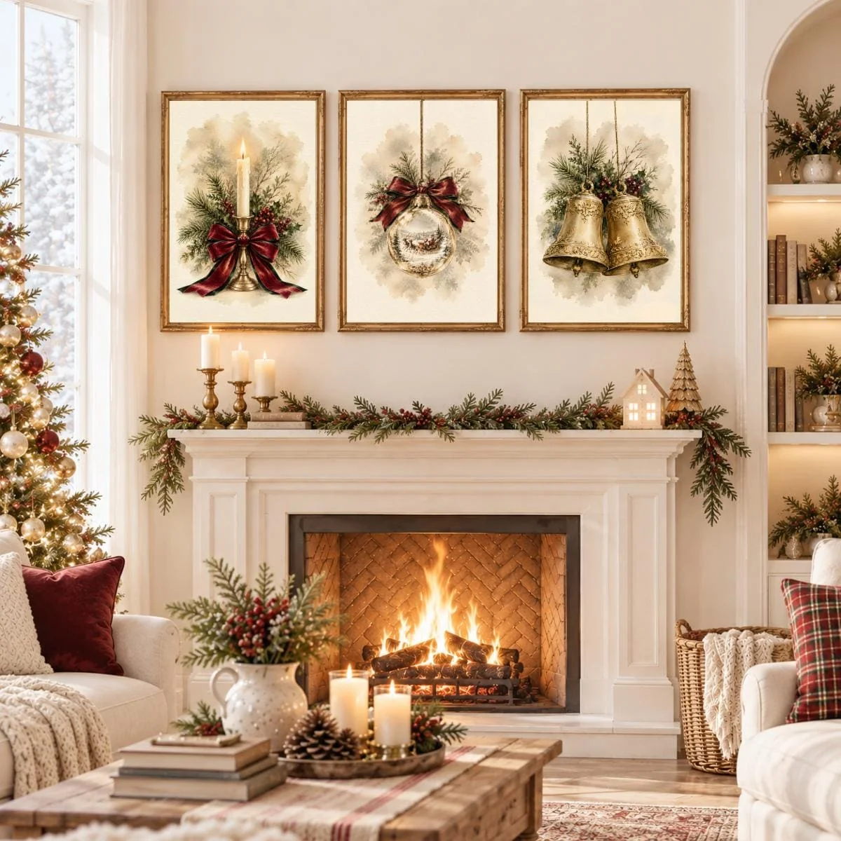 3pcs/Set Vintage Christmas Wall Art - Unframed Candle Ornament Bells Prints Canvas Painting for Living Room and Bedroom Decor