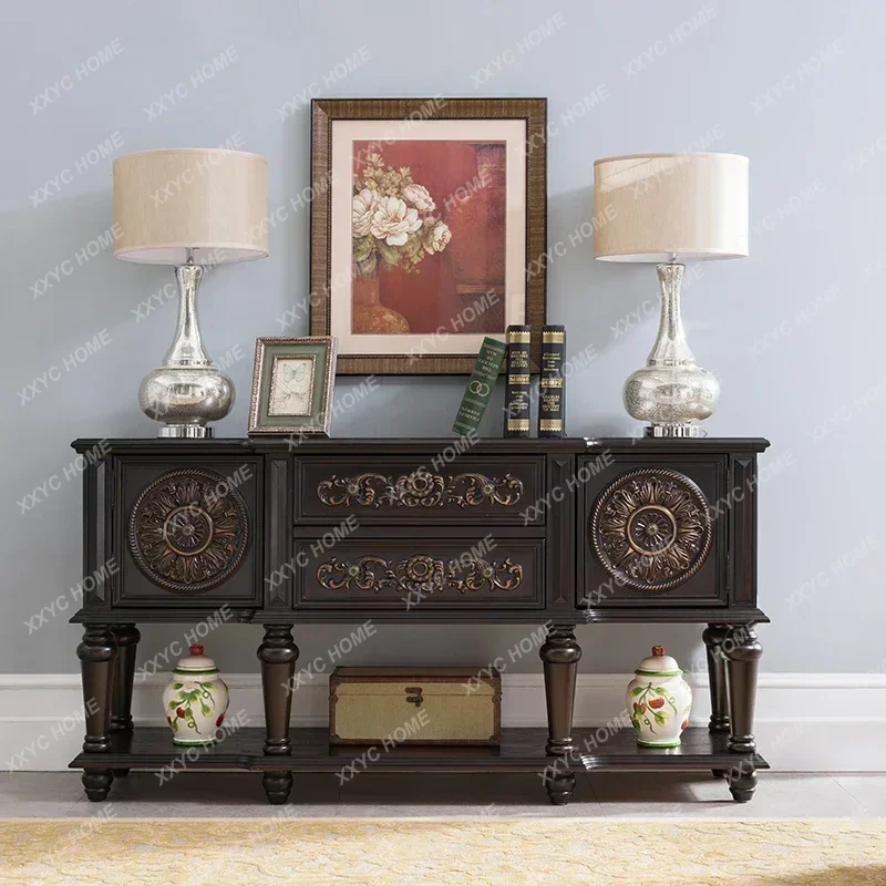 Country Console Long T View Table Carved Vintage Side Table
