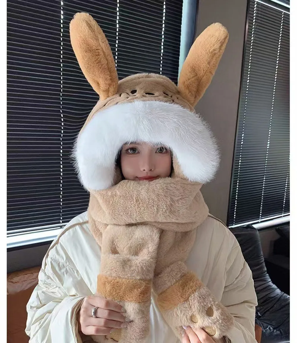 قبعة قطيفة كرتونية لطيفة، قبعة شتوية دافئة فروي، مجموعة مكونة من ثلاث قطع دافئة مقاومة للرياح والبرد