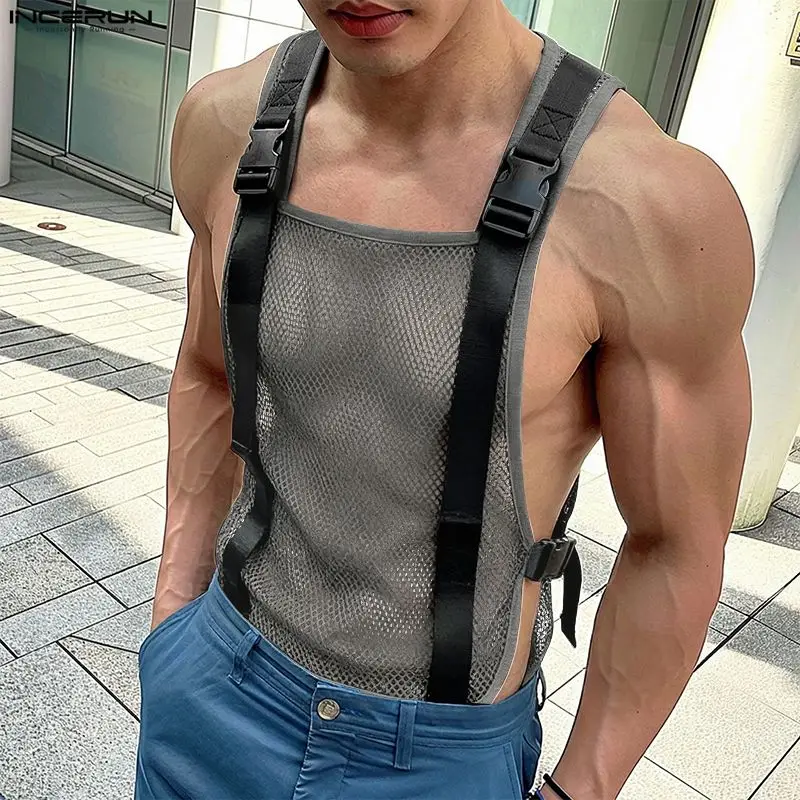 INCERUN Männer Tanktops Mesh Patchwork Durchsichtige Ärmellose Herrenwesten Streetwear Sexy Mode Männer Kleidung Tops Für Mann 2026
