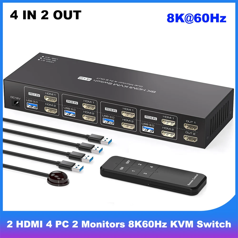 Conmutador KVM HDMI 8K 4 EN 2 salidas, 8K @ 60Hz 4K @ 144Hz EDID 4 puertos KVM para 4 PC compartido de monitores duales y 4 dispositivos USB 3.0