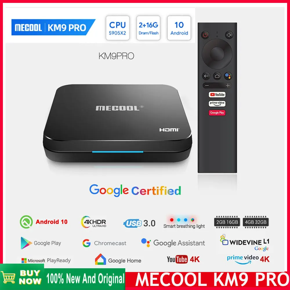 [Genuine]Mecool KM9 PRO Classic Android TV Box 2GB 16GB 4K HDR Android 10 Amlogic S905X2 Media Player Google Certified TV Box