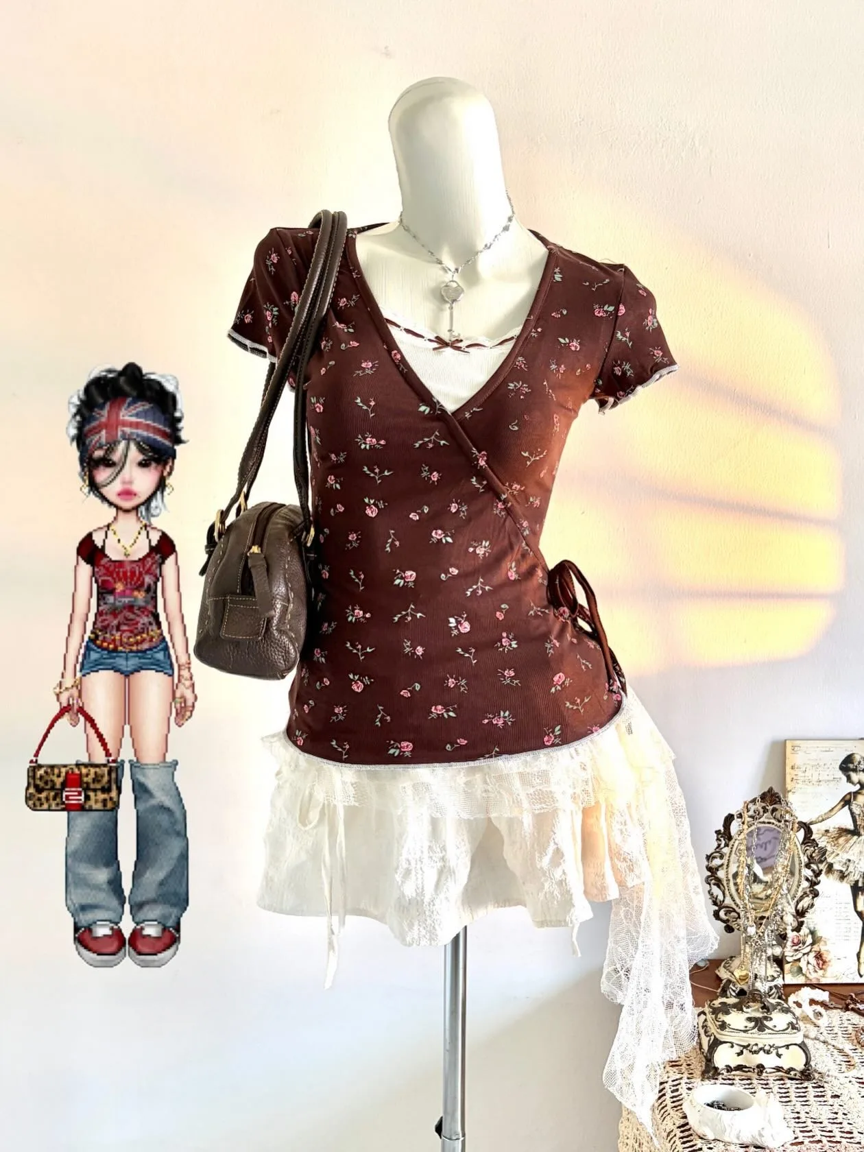 Coquette Grunge Women Dark Brown Floral Wrap Blouse Deep V Neck Side Tie Short Sleeve Ribbed Y2K Vintage Slim Top
