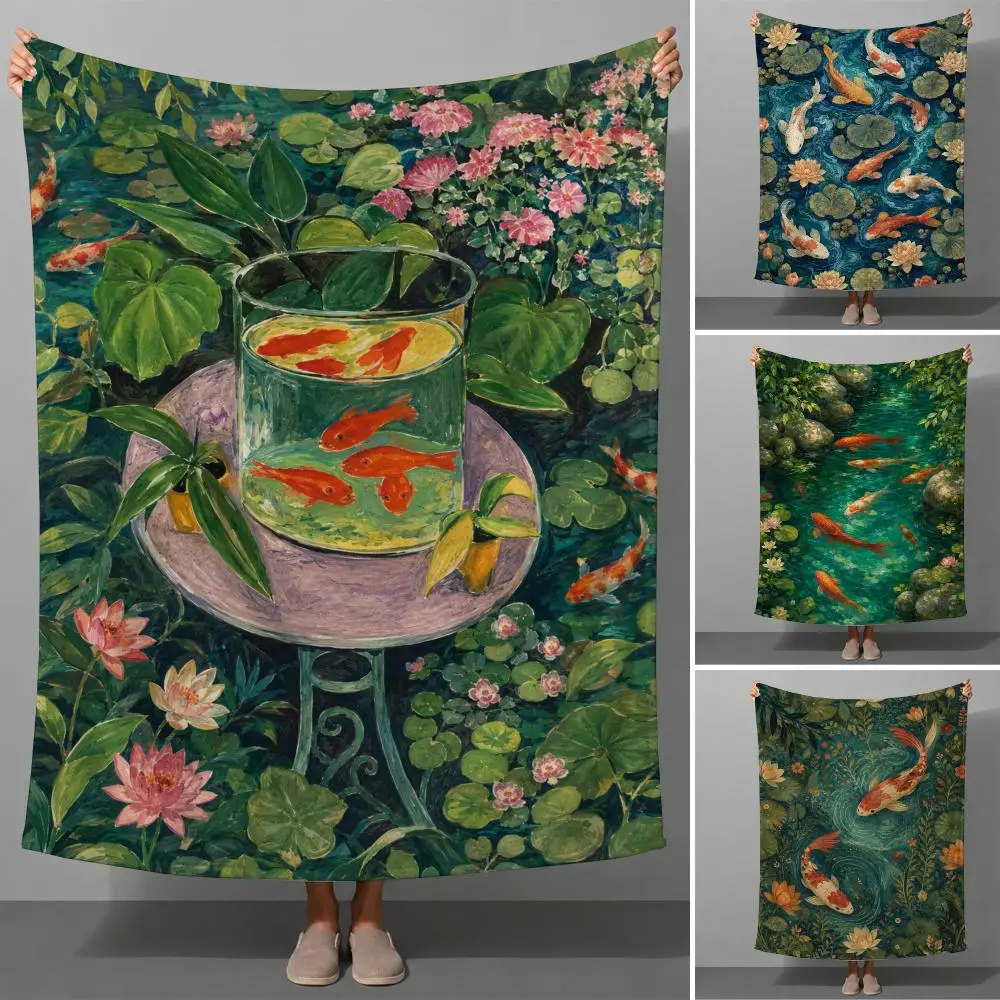 Vintage Koi Lotus Garden Floral Art Illustration Throw Soft Flannel Throw Blanket for Couch Bed Sofa Warm Cozy All Season