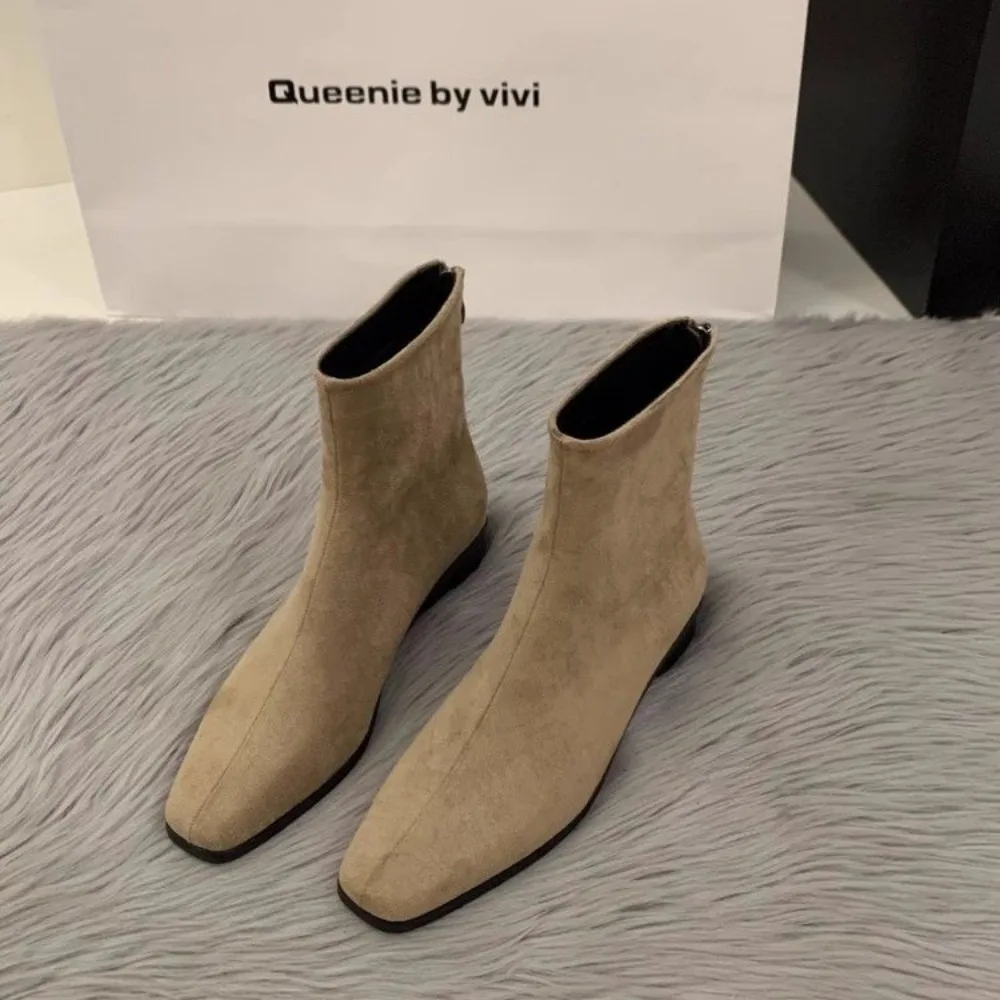 

Fashion Women Ankle Boots Winter Suede Leather High Heels Spring Autumn Luxury Suede Pointed Shoes Block Mid Heels Booties