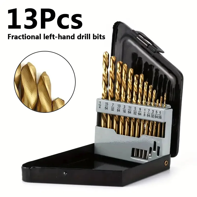 13Pcs Left Handed Drill Bits Set High Speed Steel Titanium Nitride Coated  for Metal Woodworking Tool