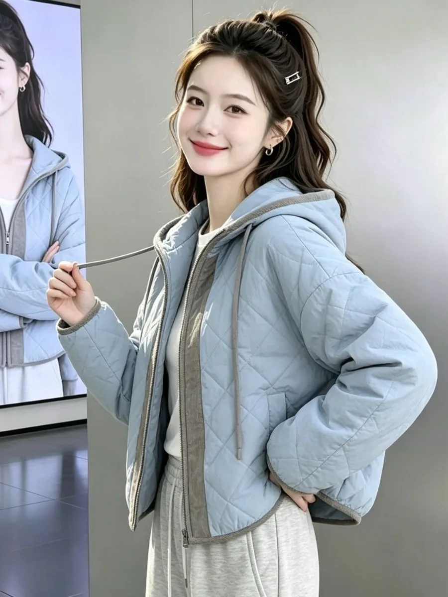 Korean Style Unique Color Block Hooded Cotton Jacket Women's Autumn Winter Fashion Small Size Loose Stylish Lightweight Cotto...