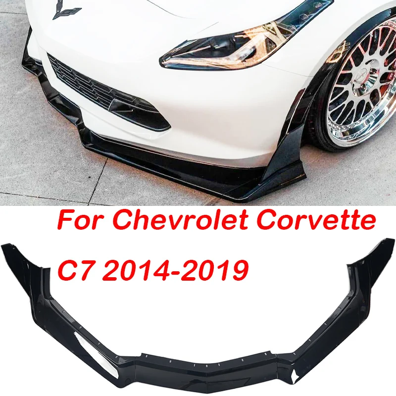 المصد الأمامي للسيارة الشفاه والجانب الجنيحات المرحلة لشروليه كورفيت C7 2014-2019 سبويلر الفاصل الكربون نمط/أسود لامع #2