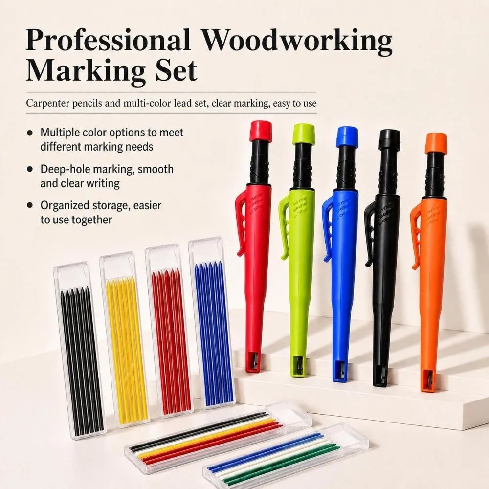 Plastic Carpenter Pencil Built-In Sharpener Leads Woodworking Marker Pen Colored Leads Non-Slip Grip Deep Hole Pencil Carpentry