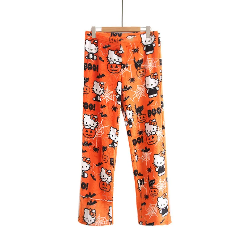 Sanrio Hello Kitty zachte flanellen pyjamabroek met wijde pijpen, bedrukt, casual thuisloungewear voor dames, dagelijks slapen, ontspannen dragen