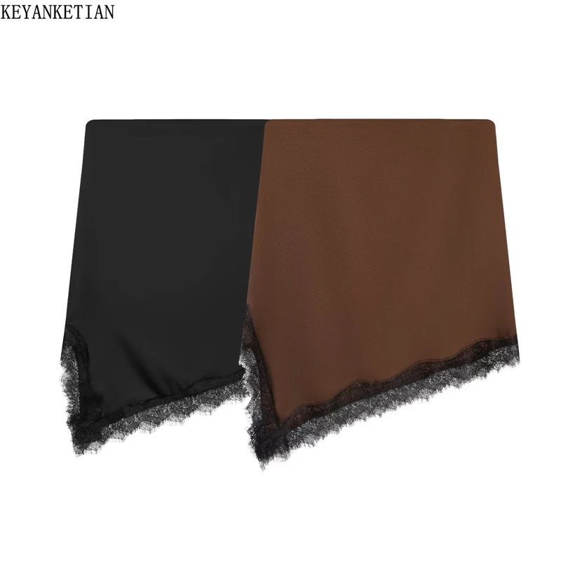 

Женская атласная юбка KEYANKETIAN с асимметричным подолом, винтажная коричневая, с высокой талией, кружевной отделкой, облегающая мини-юбка Y2K для вечеринок, клубов и уличного стиля