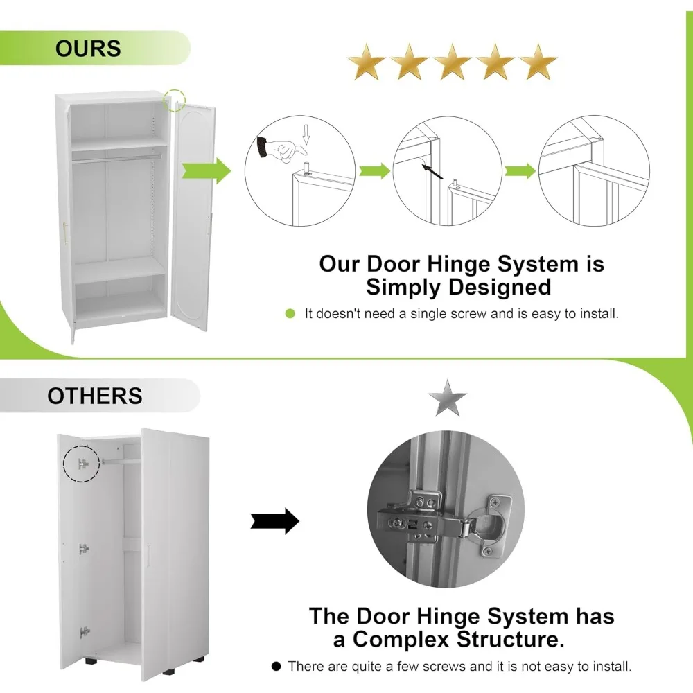 خزانة ملابس بأبواب، خزانة ملابس مع رفين قابلين للتعديل، خزانة خزانة ملابس مع قضيب تعليق لغرفة النوم، Em