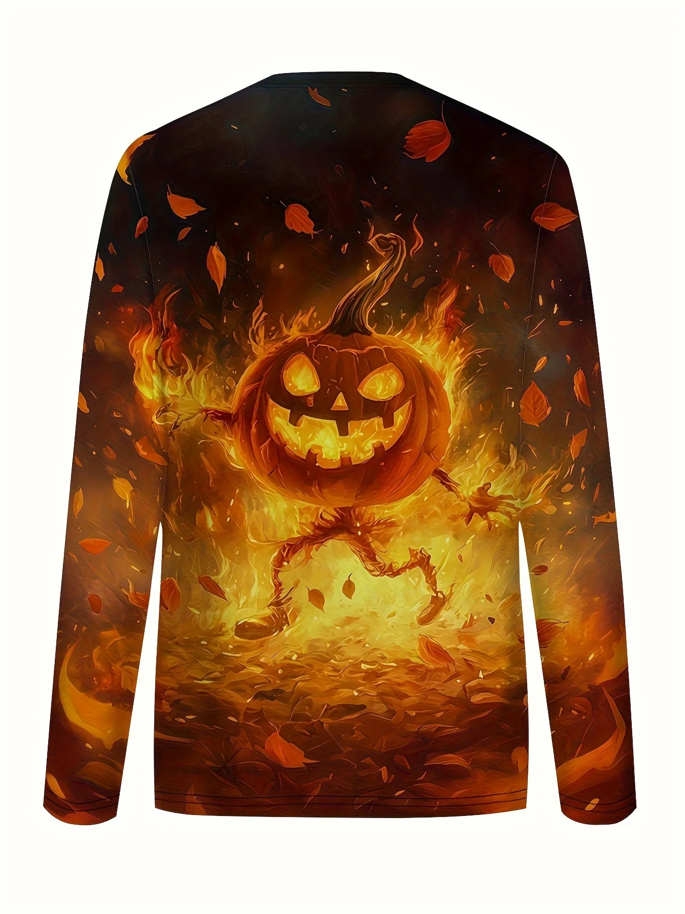 Men's Long Sleeve T‑Shirt Fiery Pumpkin Maple Leaf Halloween Print Crew Neck Casual Streetwear Top