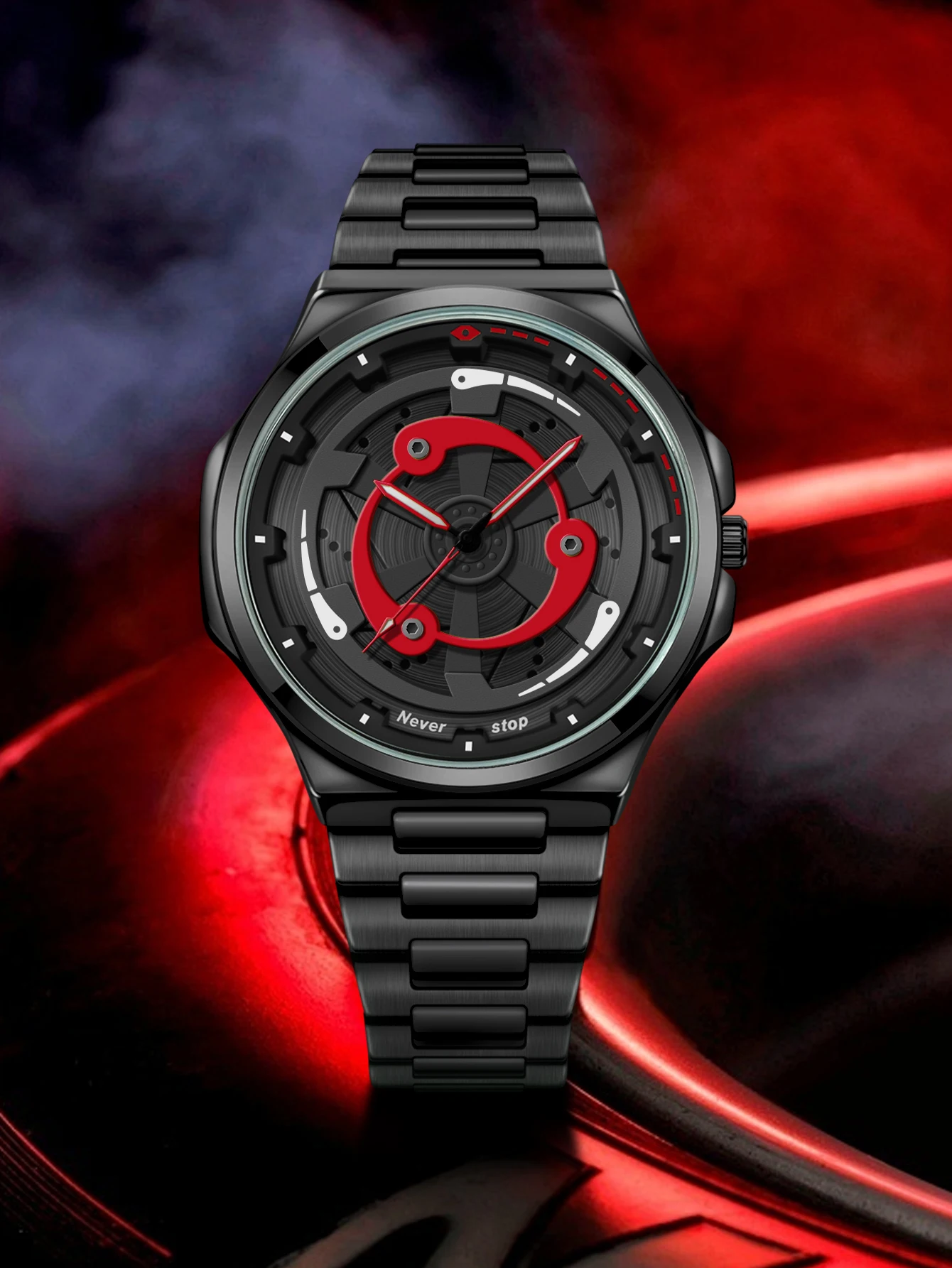 

Мужские часы NS со стальным ремешком — черный крутой стиль, модный вращающийся циферблат, креативный праздничный подарок