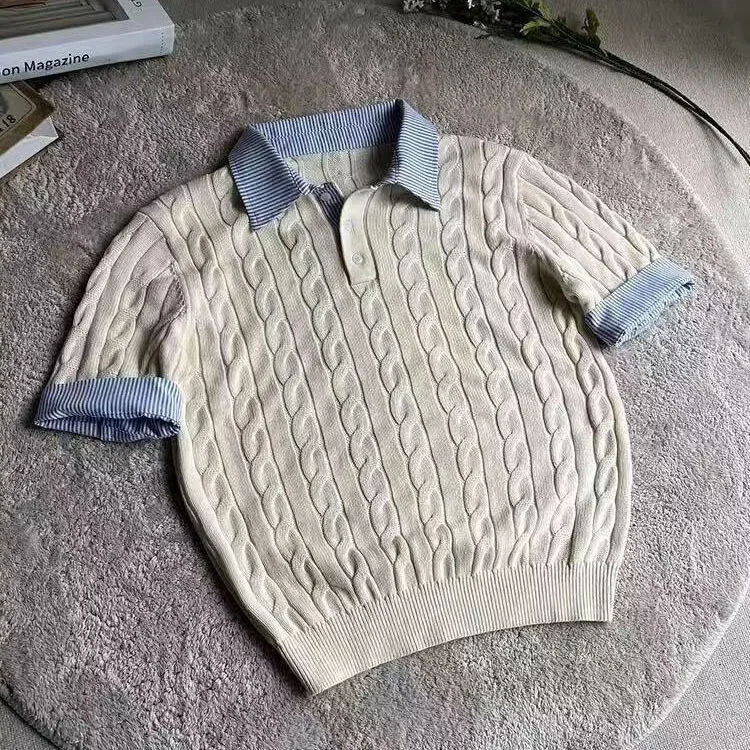 Summer Fake Two-Piece Cable Textured Lapel Ice Silk Short Sleeve Knit Polo Shirt Men's Premium Business Casual Top
