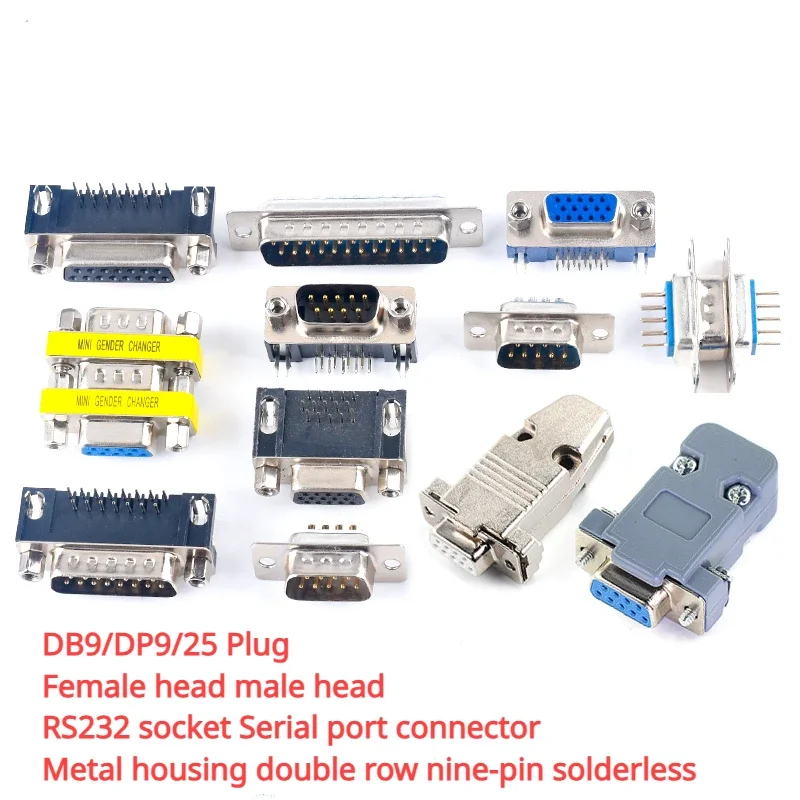 DB9/DP9/25 Plug Female head male head RS232 socket Serial port connector Metal housing double row nine-pin solderless