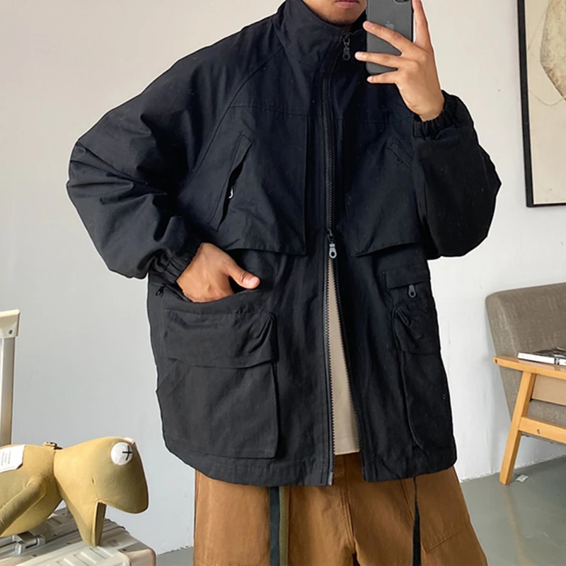 Spring Autumn American Streetwear Retro Multi-Pocket Cargo Jacket Men Clothing Harajuku Casual Coat Korean Loose Tops Male