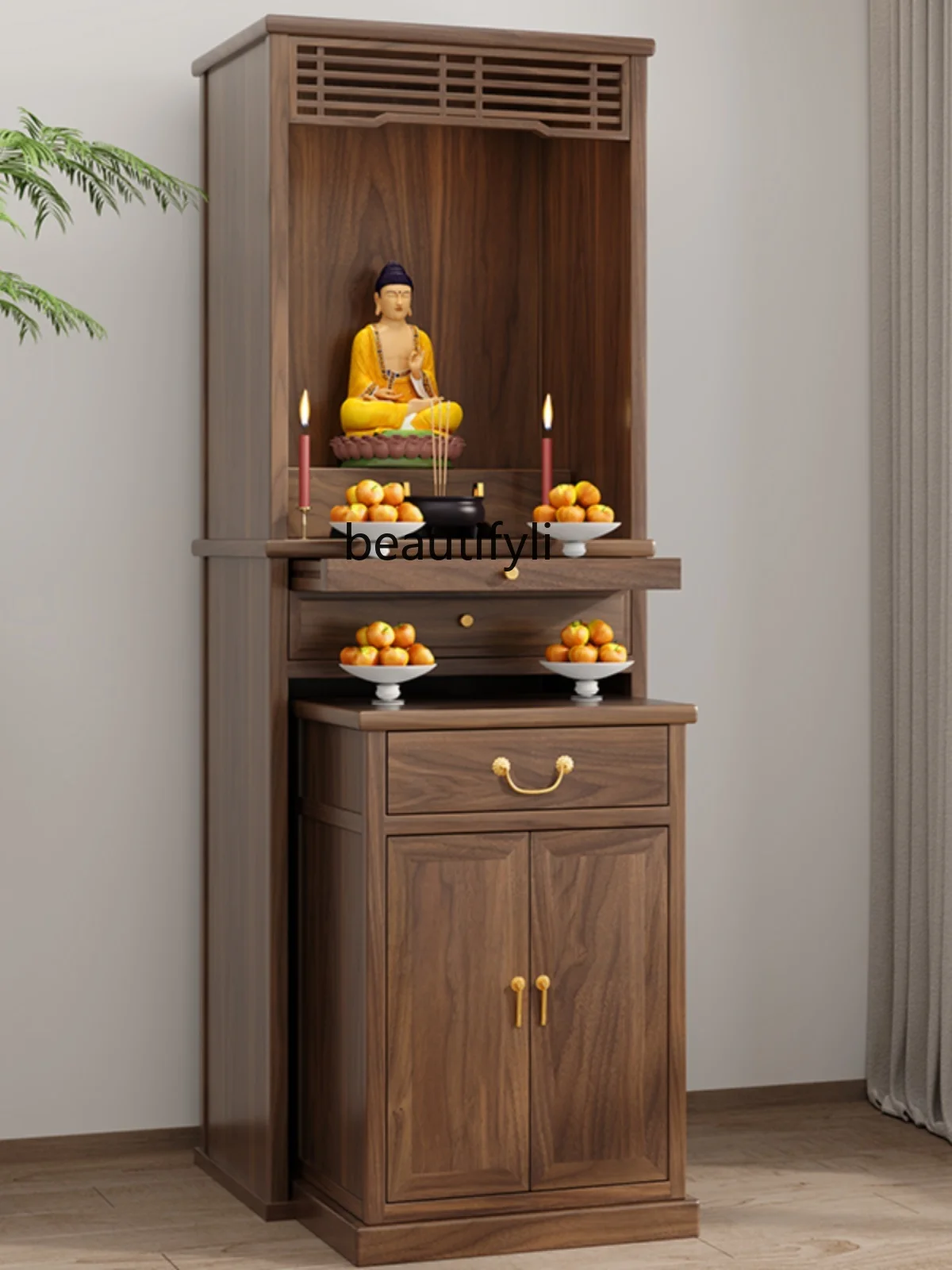 Black Walnut Buddha Shrine Clothes Closet God of Wealth Altar New Chinese Altar Household Buddha Statue for Pedestal